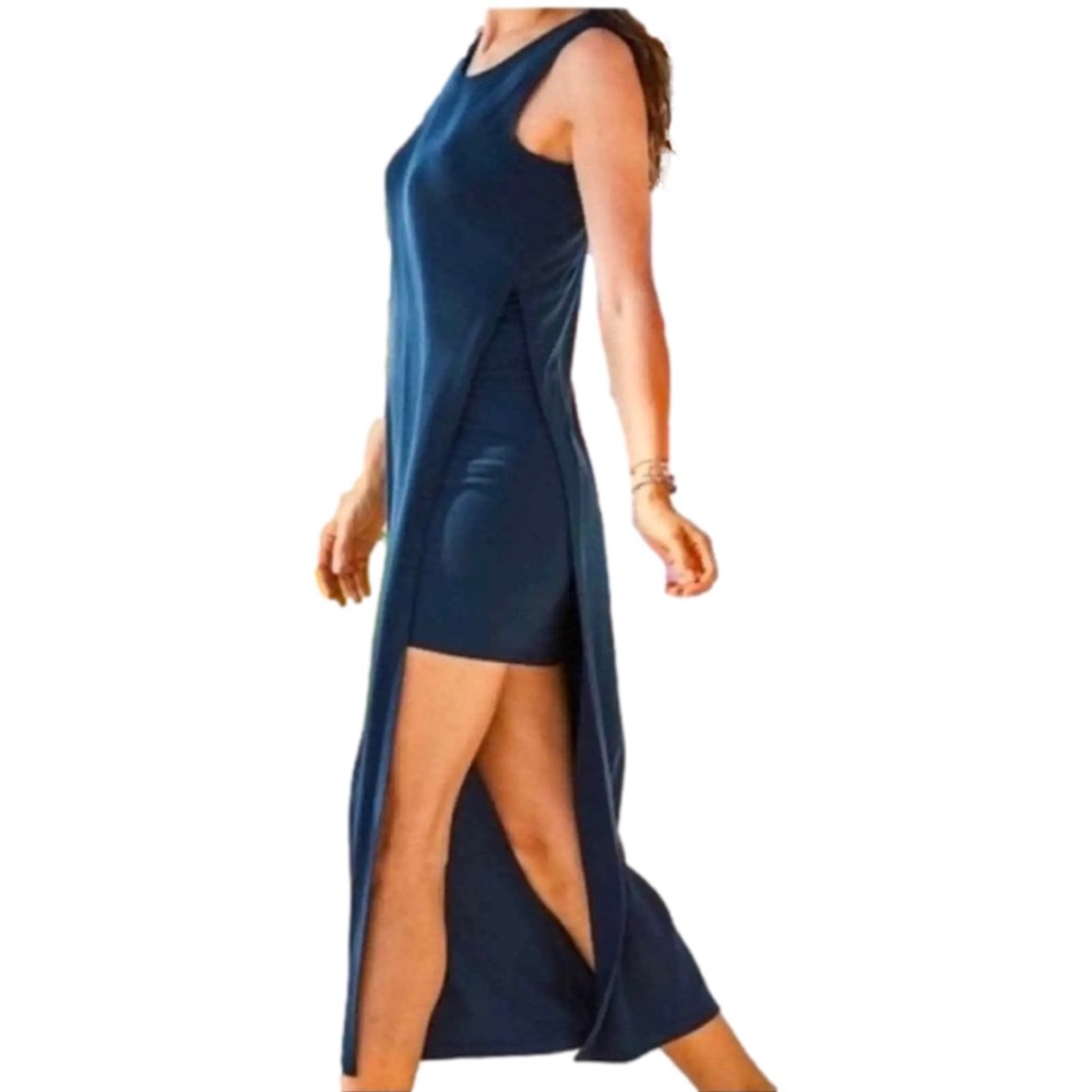 Athleta Gaia Tee Maxi Dress w Side Slit Abyss Sleeveless Rounded Neckline Large